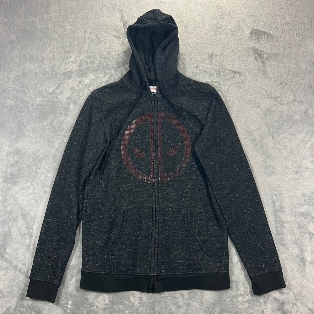 Marvel Deadpool Full Zip Hoodie Adult Size M Charcoal Gray Heather Raised Logo